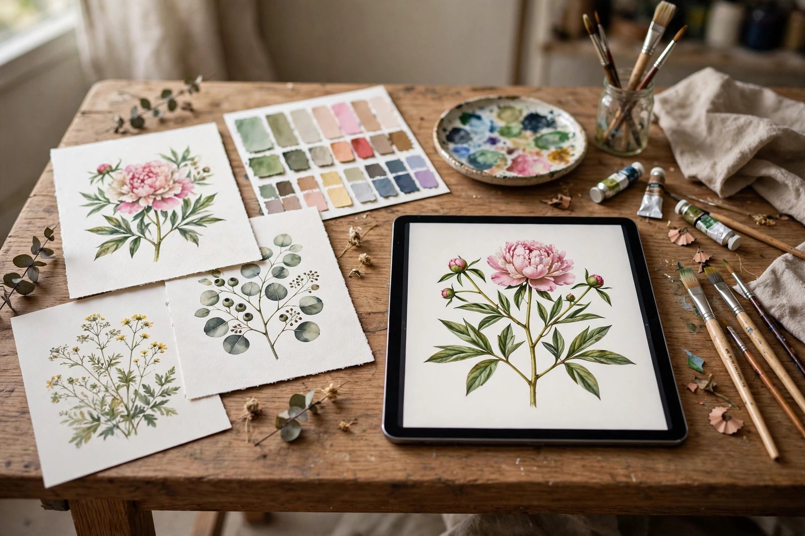 An artist desk with printed art samples, color swatches, and a tablet showing a botanical illustration