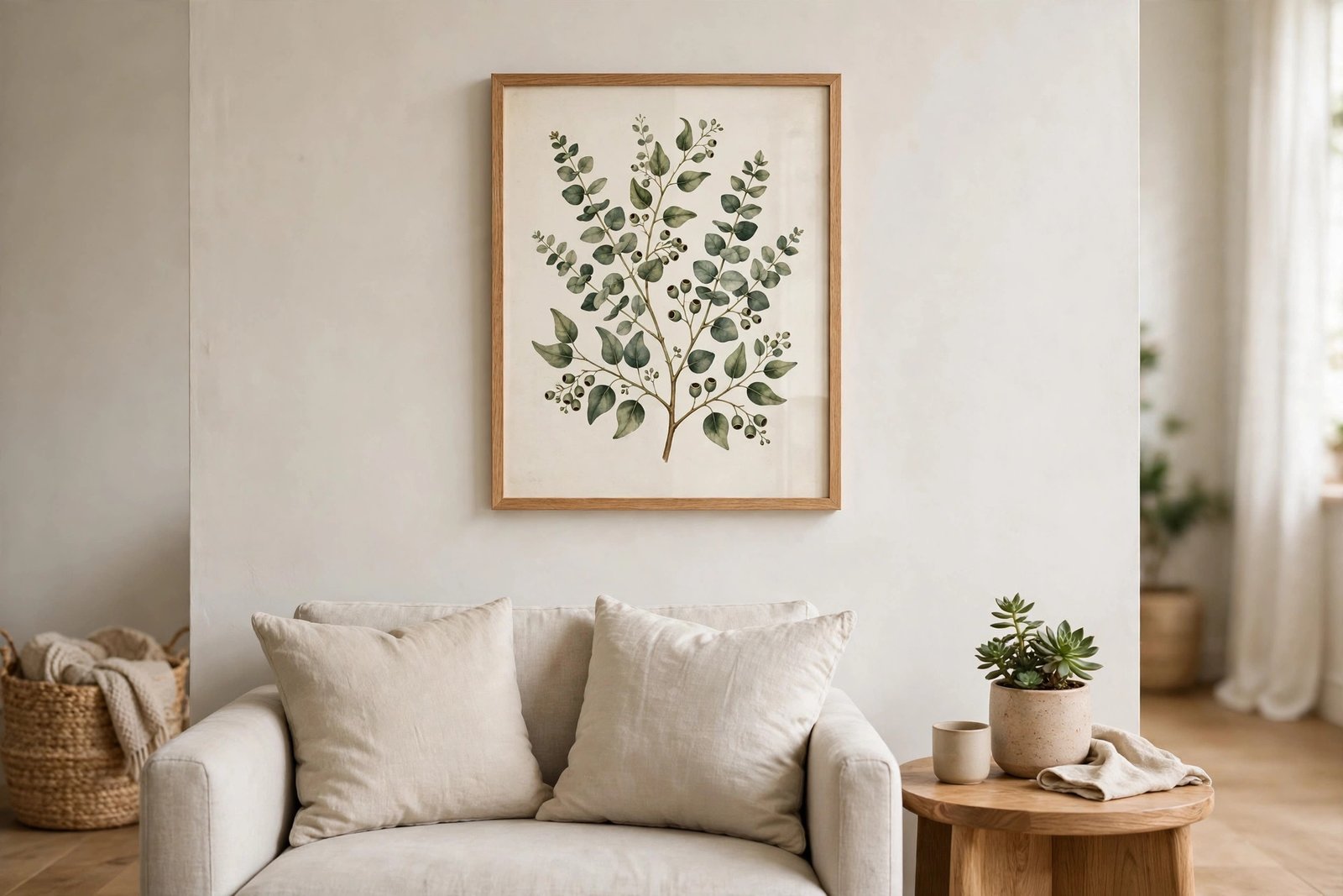 A framed botanical art print hanging on a light living room wall above a sofa, with a small plant on a side table