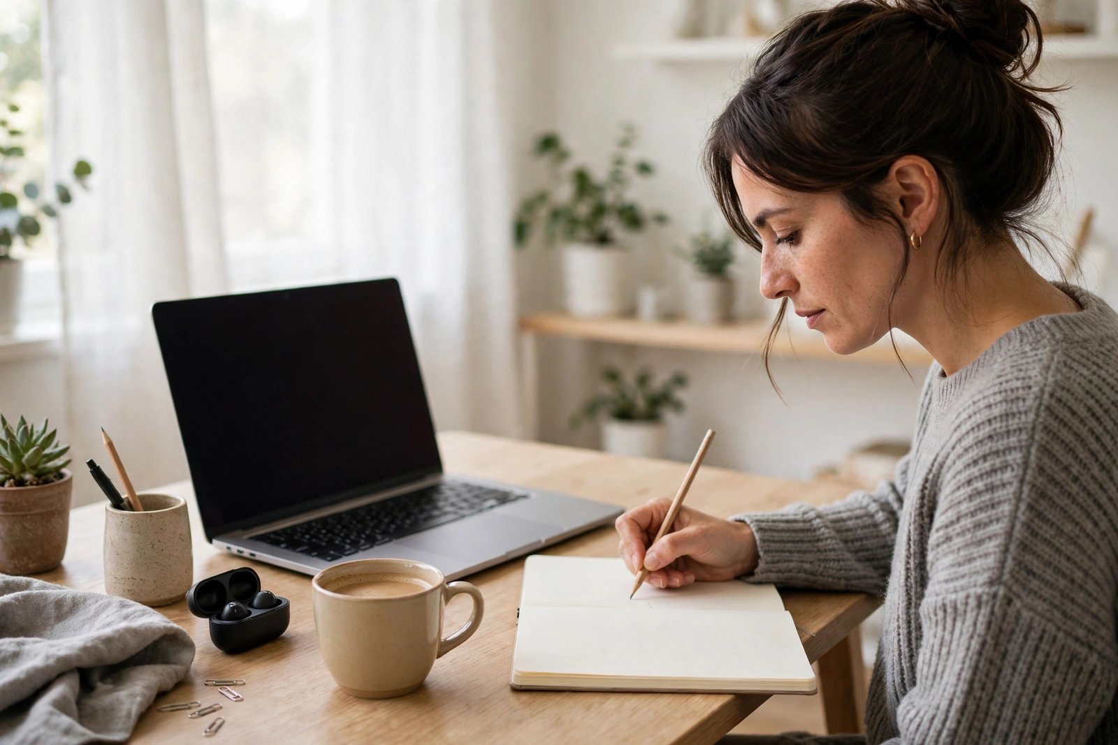 A freelancer at a laptop in a bright home office, writing a service offer in a notebook, with a coffee cup nearby