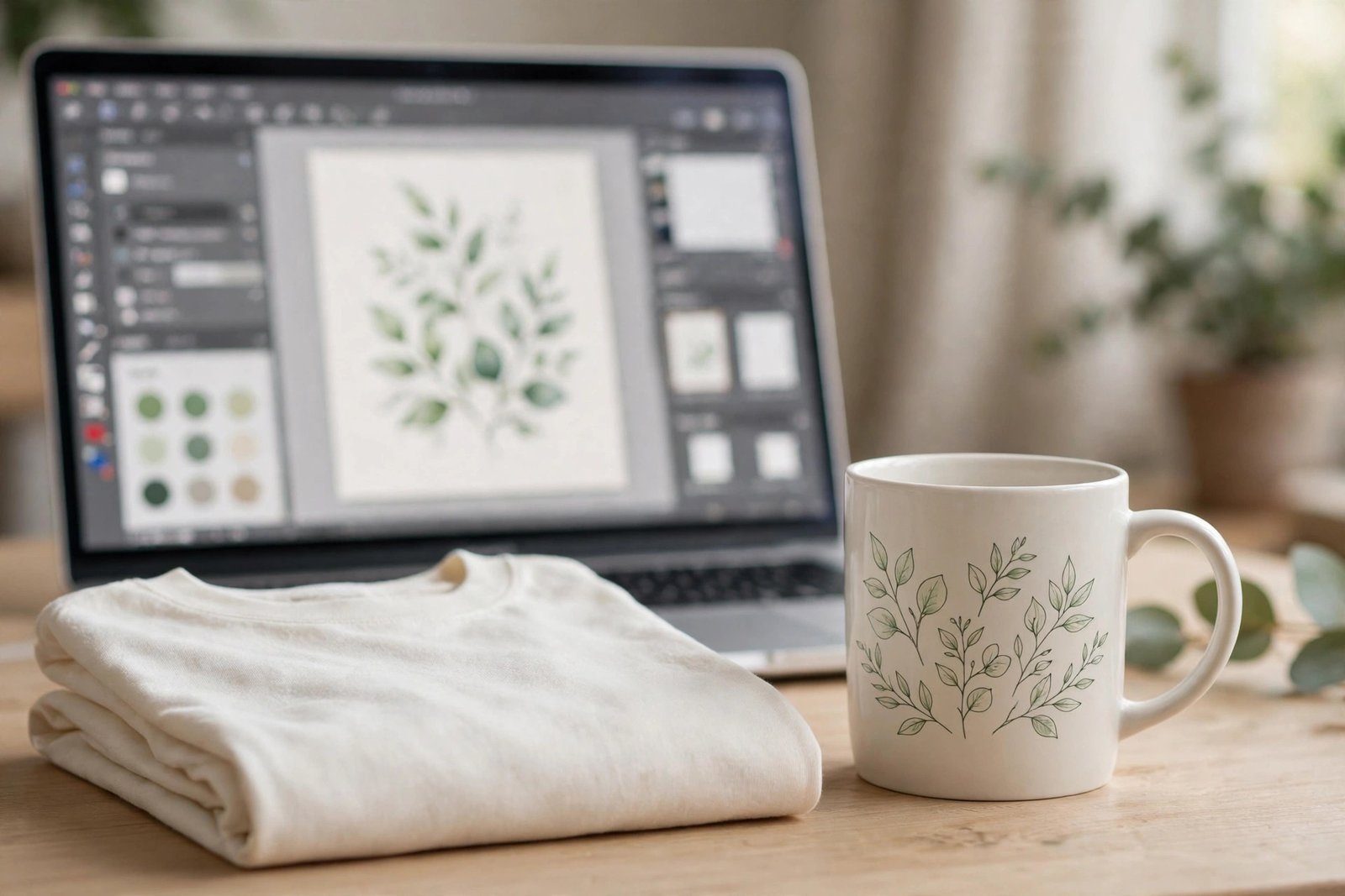 A plain t-shirt and a mug with a simple botanical design on a clean table, with a laptop showing a design workspace in the background