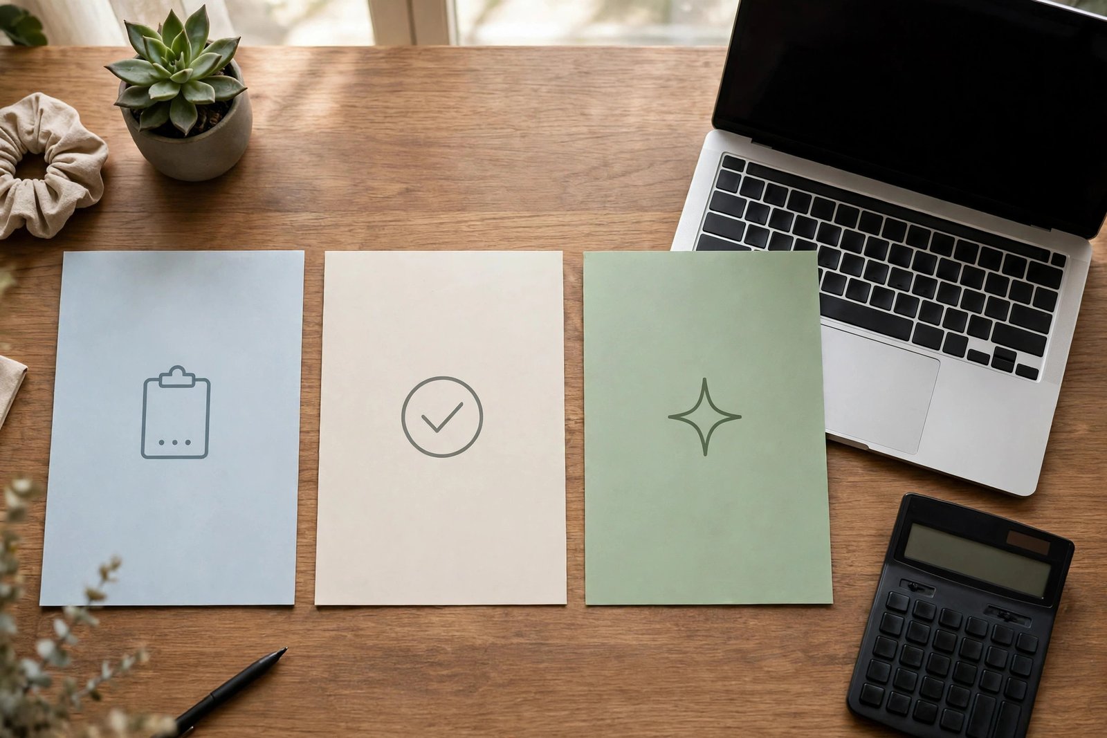 Three simple service package cards laid out on a desk beside a laptop and a calculator