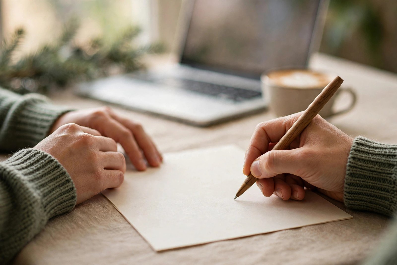 Close-up of hands signing a paper contract with a pen, a laptop and a coffee cup softly out of focus behind