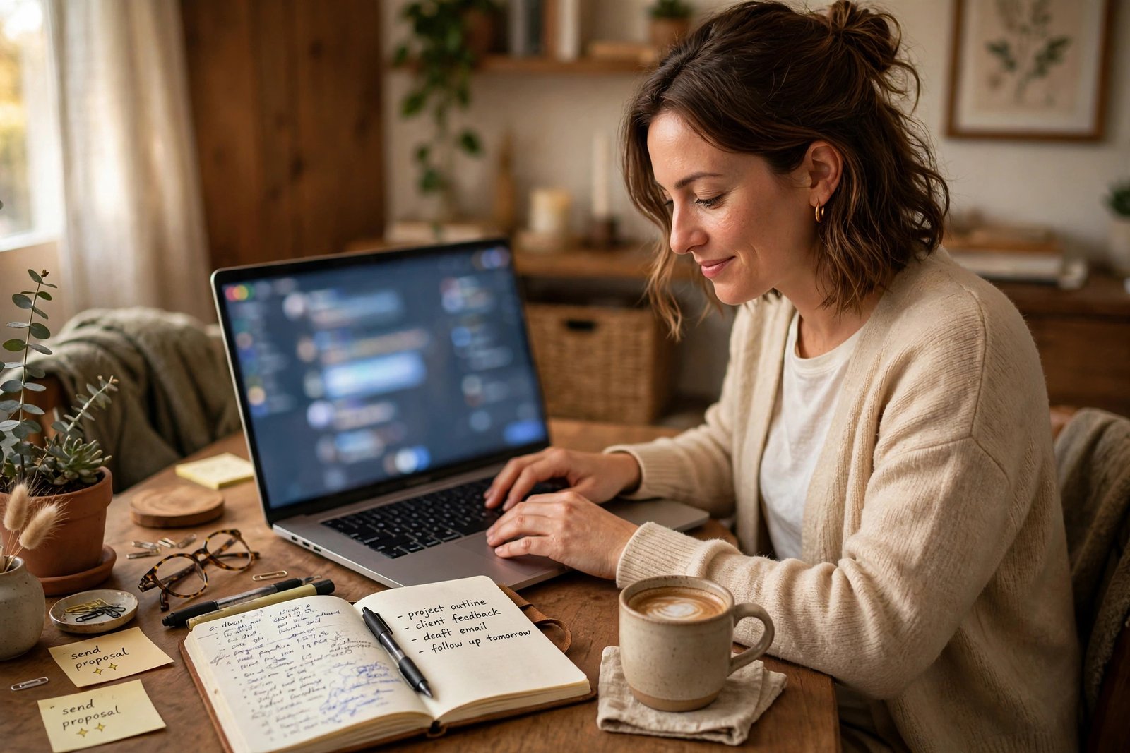 A freelancer typing a message on a laptop in a warm home office with a coffee cup and notebook
