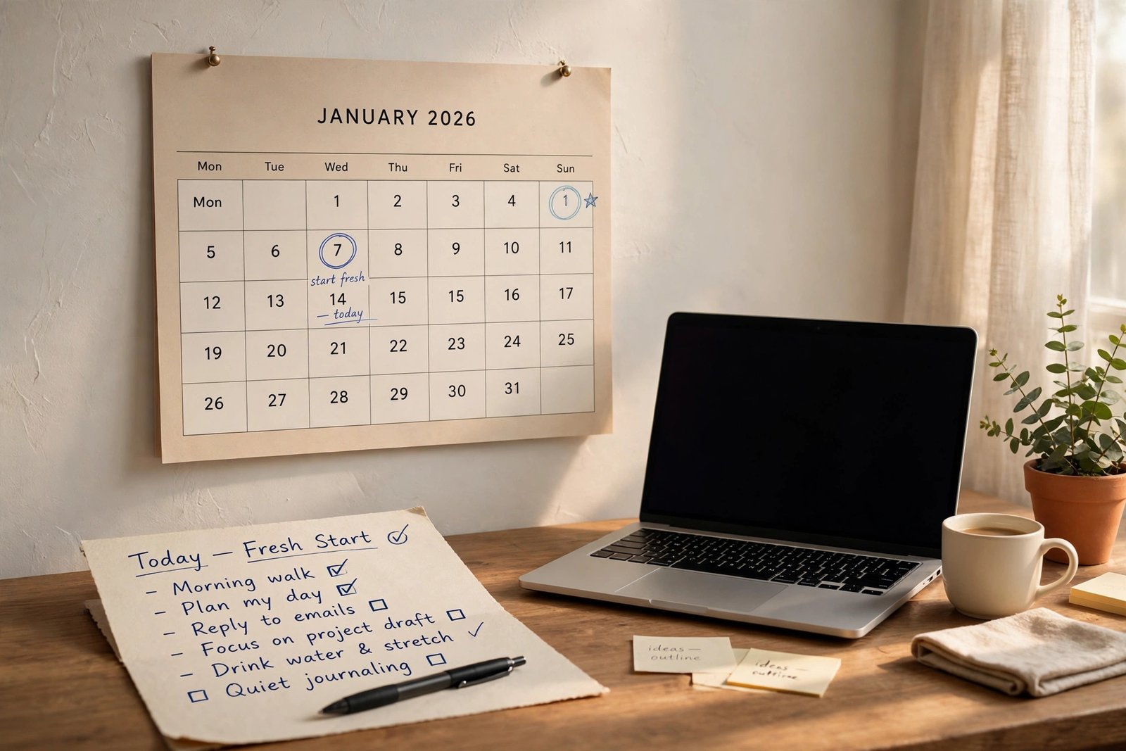 A paper wall calendar and a handwritten checklist on a wooden desk with a pen and a laptop nearby