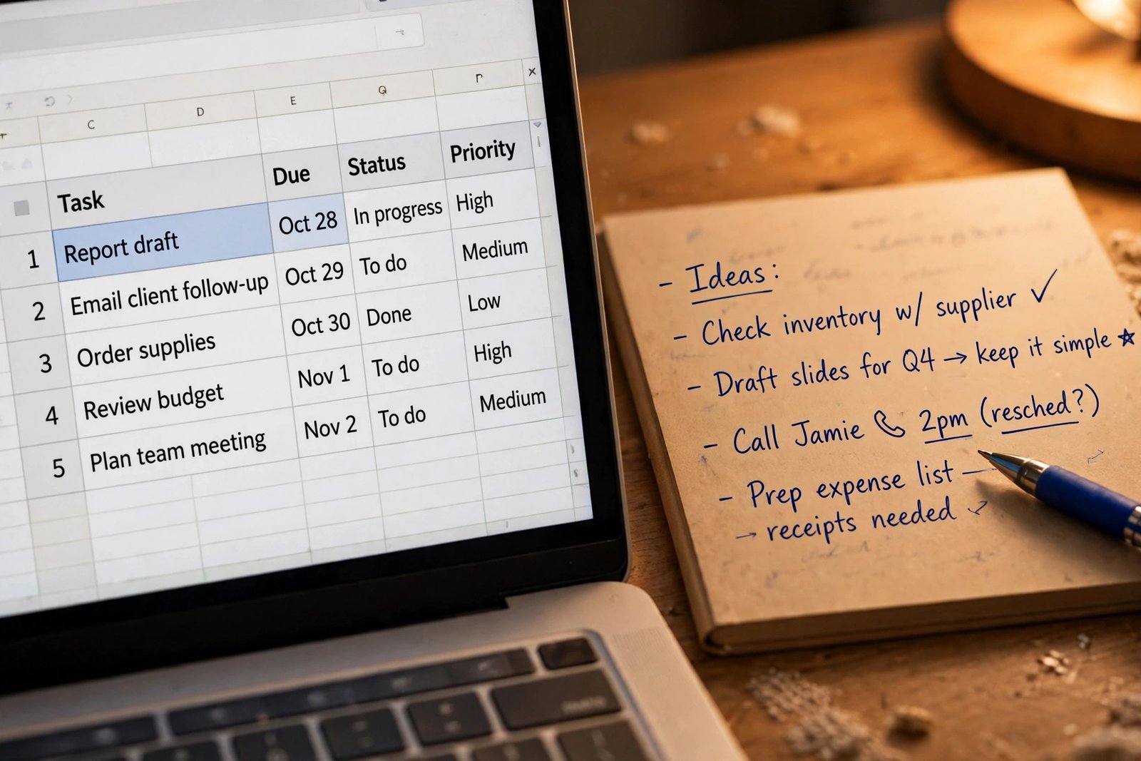 A laptop screen showing a simple spreadsheet list next to a notebook with handwritten notes