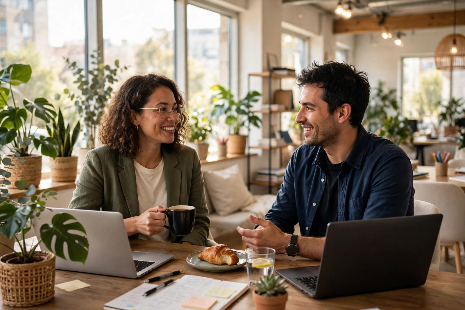 Two professionals chatting over coffee at a bright coworking space with laptops on the table