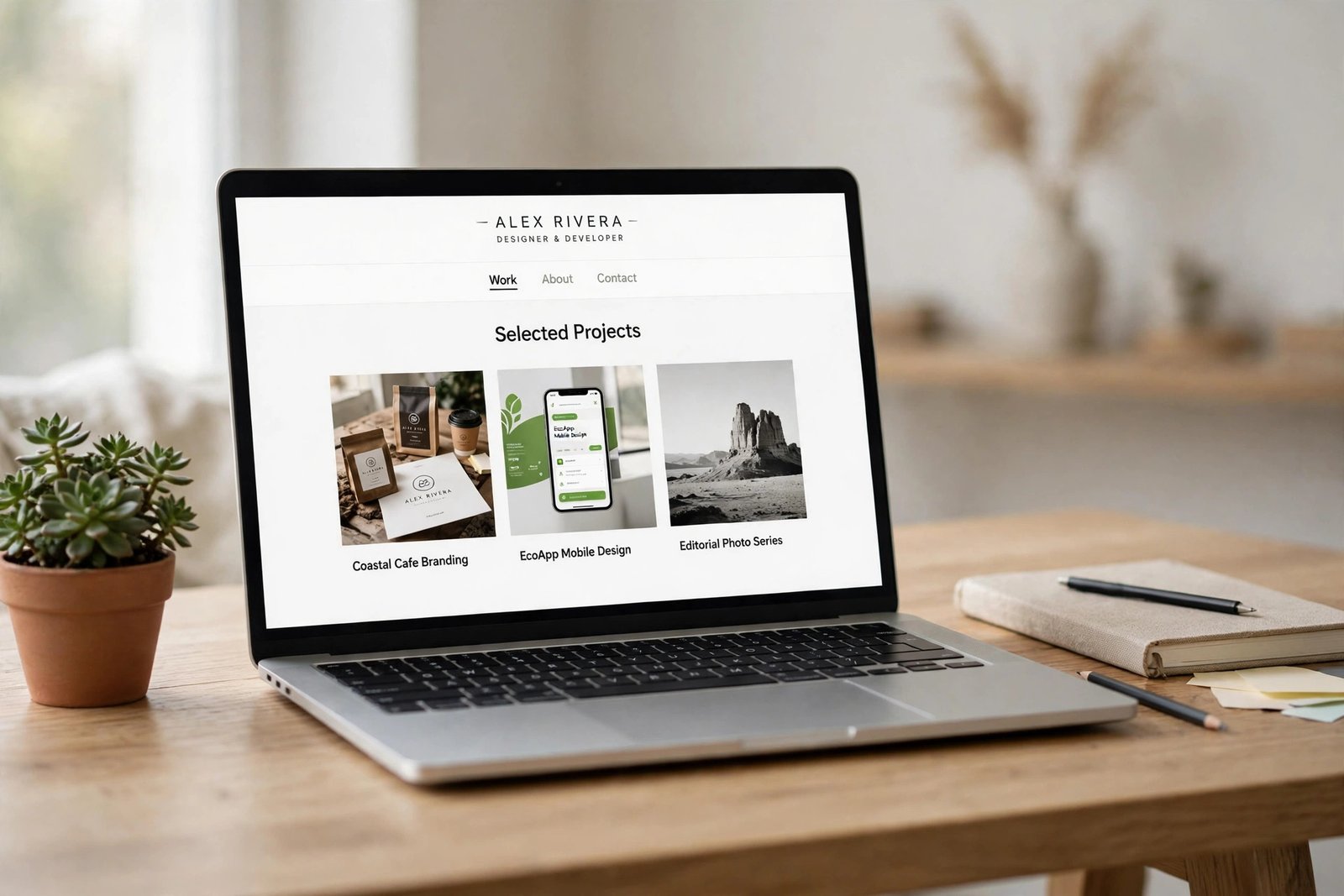 A laptop on a desk displaying a clean portfolio website with large project photos