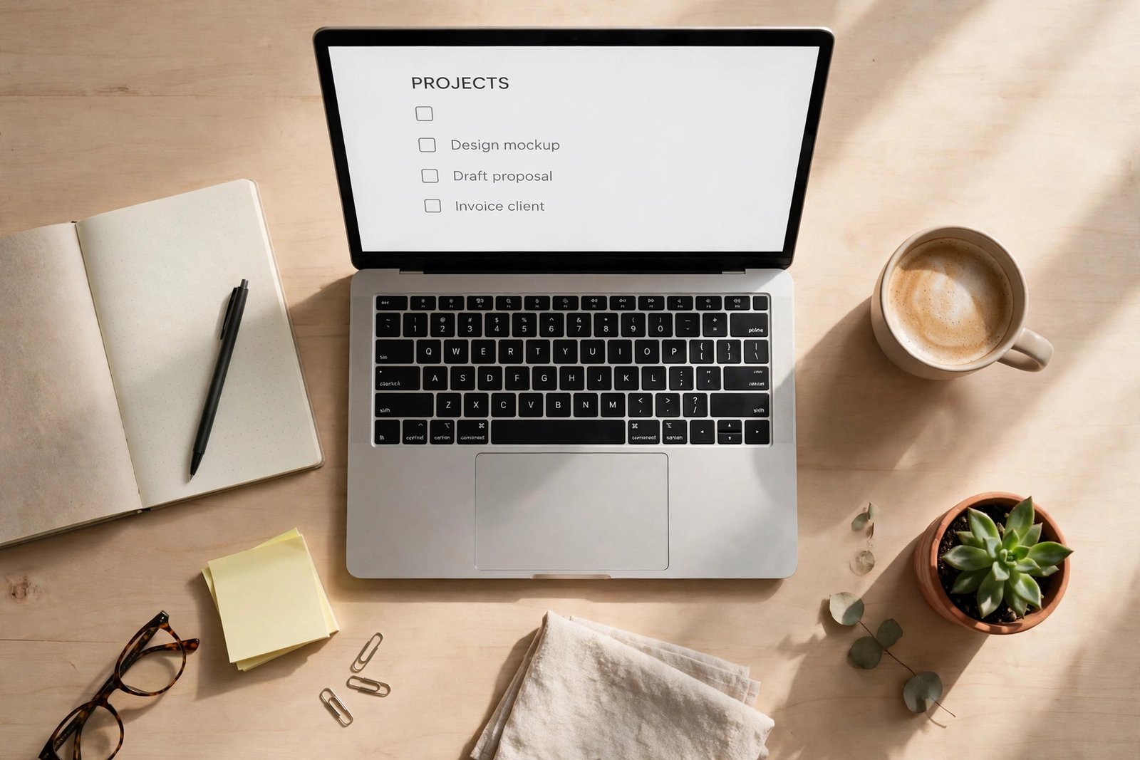 A freelancer's desk with a laptop, notebook, coffee, and a small plant in soft morning light