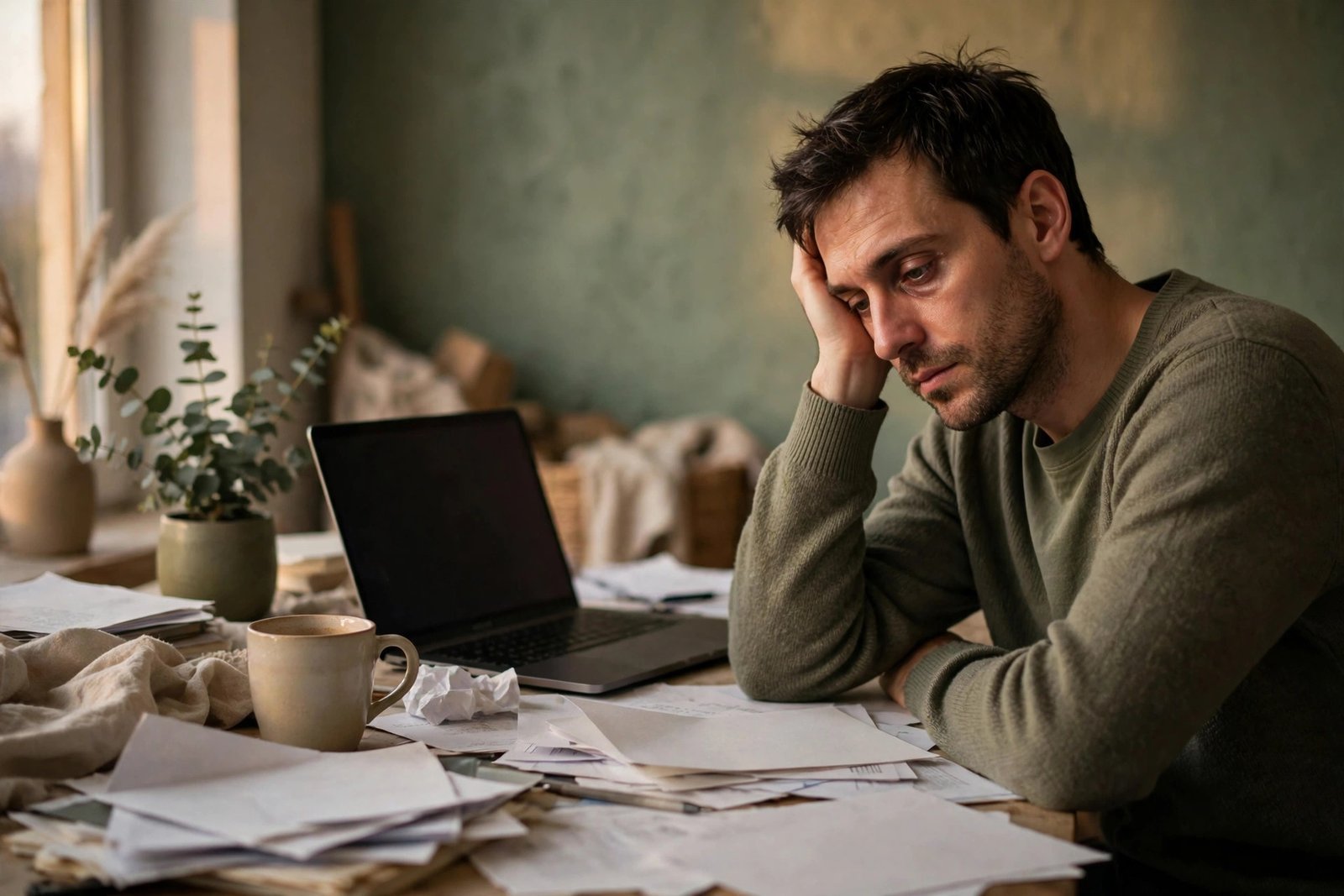 A freelancer looking tired at a cluttered desk with scattered papers and a laptop in soft evening light
